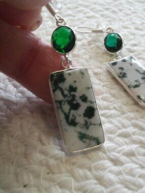 Gorgeous MOSS AGATE & GREEN QUARTZ Sterling 925 Handmade Dangle Earrings #523E
